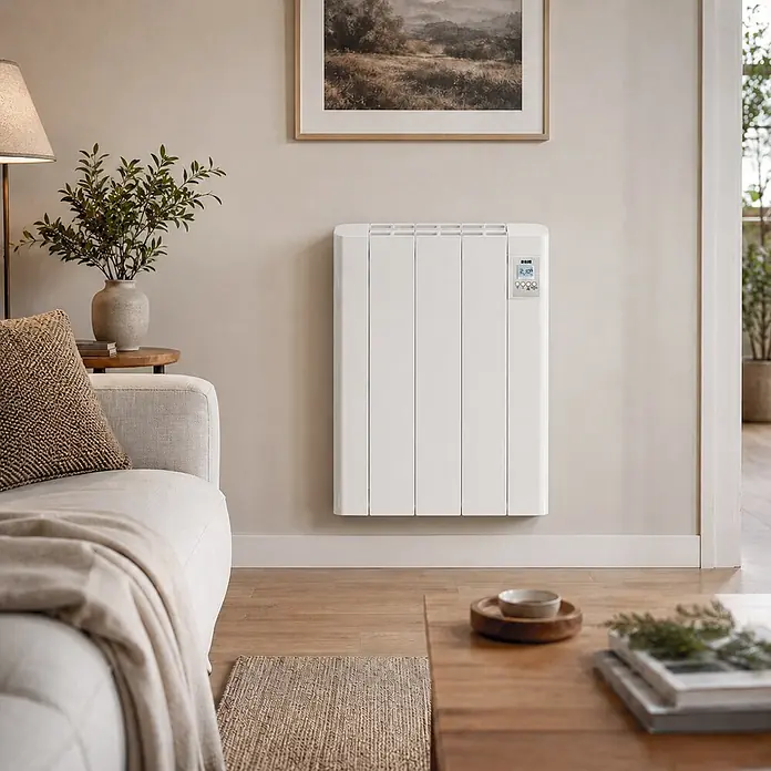 HJM Emisor térmico cerámico Tayn con WiFi - 500 W, Blanco, 12,5 x 37 x 57,4 cm, Cerámico - Radiador eléctrico blanco de diseño moderno montado en una pared de sala de estar.
