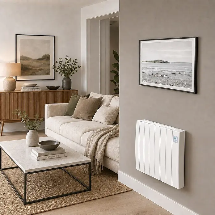 HJM Emisor térmico cerámico Tayn con WiFi - 1.000 W, Blanco, 12,5 x 61 x 57,4 cm, Cerámico - Radiador eléctrico blanco montado en una pared gris de una sala de estar elegante.