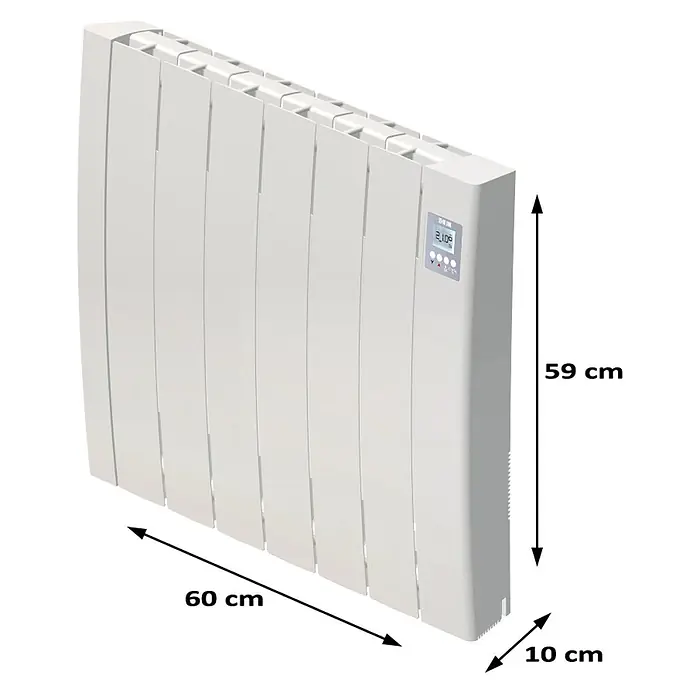 HJM Emisor térmico cerámico Tayn con WiFi - 1.000 W, Blanco, 12,5 x 61 x 57,4 cm, Cerámico - Radiador eléctrico blanco con pantalla digital y dimensiones visibles (60x59x10 cm).