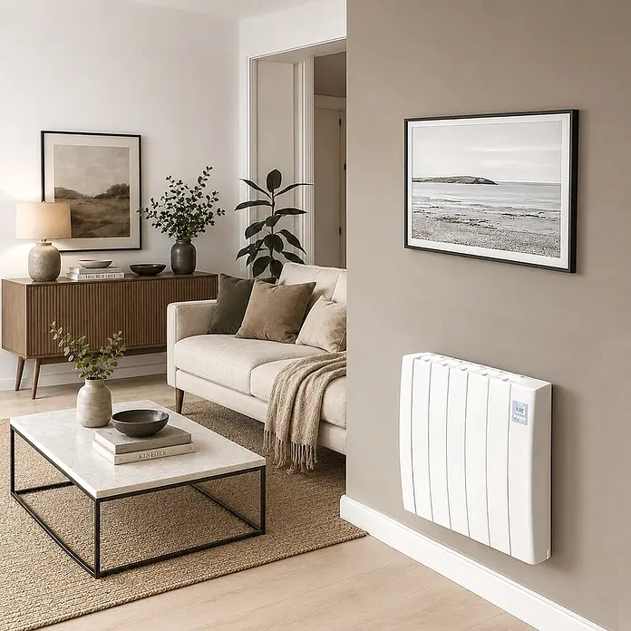 HJM Emisor térmico cerámico Tayn con WiFi - 750 W, Blanco, 12,5 x 53 x 57,4 cm, Cerámico - Radiador eléctrico blanco con pantalla digital, montado en una pared en una sala de estar moderna.