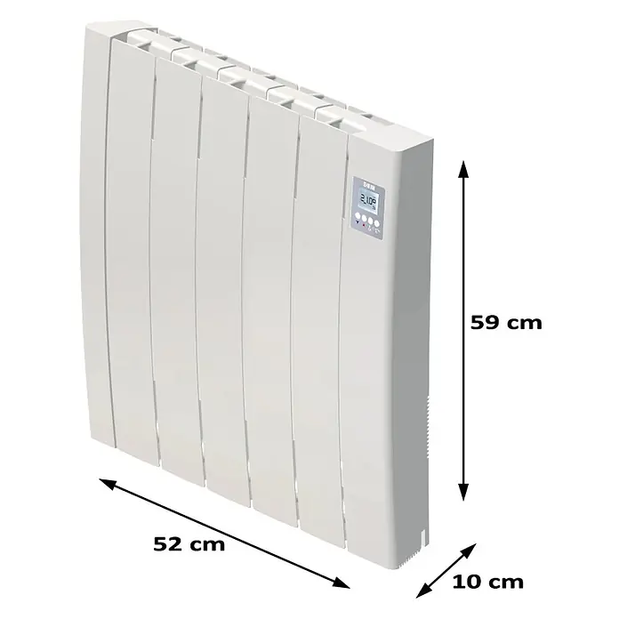 HJM Emisor térmico cerámico Tayn con WiFi - 750 W, Blanco, 12,5 x 53 x 57,4 cm, Cerámico - Radiador eléctrico blanco con pantalla digital y dimensiones indicadas (59x52x10 cm).