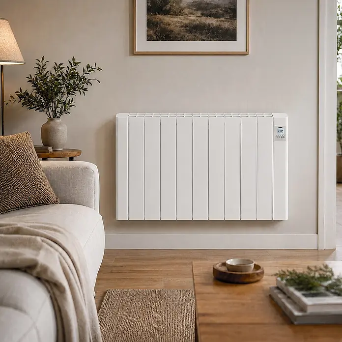 HJM Emisor térmico cerámico Tayn con WiFi - 1.500 W, Blanco, 12,5 x 85 x 57,4 cm, Cerámico - Radiador eléctrico blanco montado en una pared clara en una sala de estar. Con pantalla digital y aletas.
