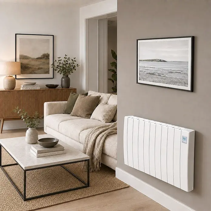 HJM Emisor térmico cerámico Tayn con WiFi - 1.500 W, Blanco, 12,5 x 85 x 57,4 cm, Cerámico - Radiador eléctrico blanco montado en una pared en una sala de estar moderna. Con pantalla digital.