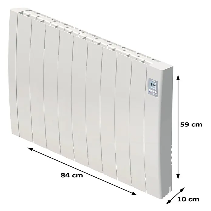 HJM Emisor térmico cerámico Tayn con WiFi - 1.500 W, Blanco, 12,5 x 85 x 57,4 cm, Cerámico - Radiador eléctrico blanco con aletas verticales, pantalla digital y dimensiones indicadas.