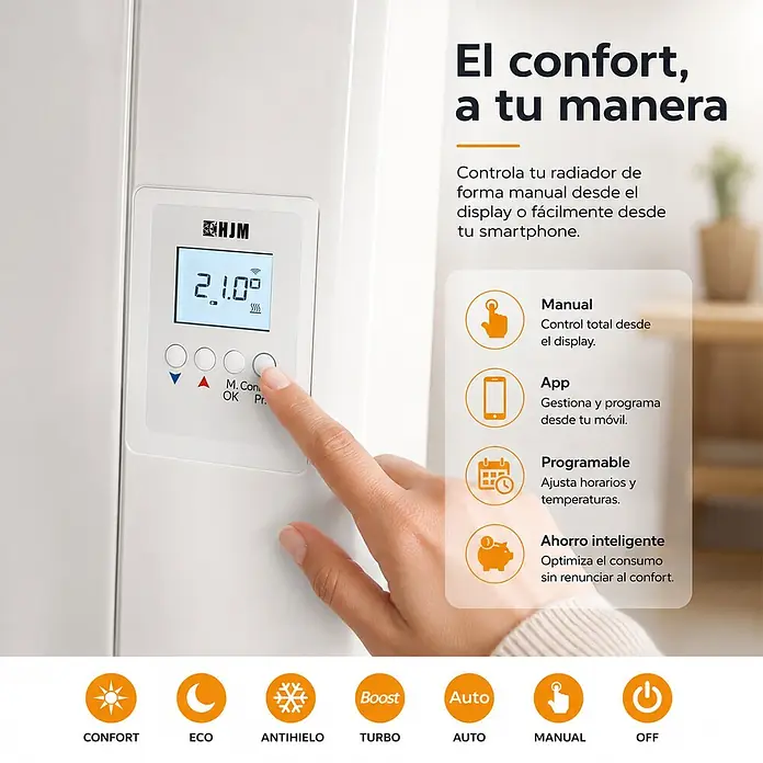 HJM Emisor térmico cerámico Tayn con WiFi - 1.000 W, Blanco, 12,5 x 61 x 57,4 cm, Cerámico - Radiador blanco con pantalla digital (21,0°) y botones de control. Una mano presiona un botón para ajustar manualmente la temperatura y el modo.