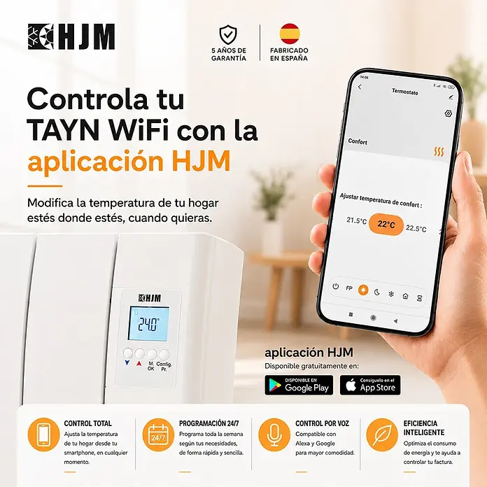 HJM Emisor térmico cerámico Tayn con WiFi - 1.000 W, Blanco, 12,5 x 61 x 57,4 cm, Cerámico - Radiador HJM TAYN WiFi blanco controlado por una aplicación de smartphone en un entorno doméstico.