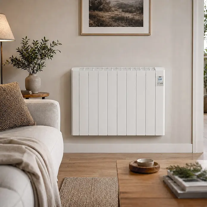 HJM Emisor térmico cerámico Tayn con WiFi - 1.250 W, Blanco, 12,5 x 77 x 57,4 cm, Cerámico - Radiador eléctrico blanco de pared con pantalla digital, que armoniza con la decoración moderna del salón.