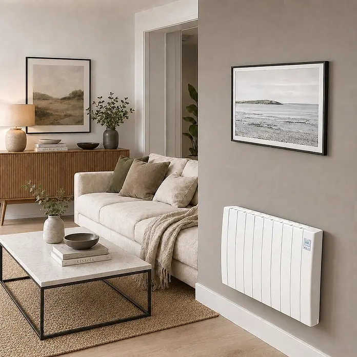 HJM Emisor térmico cerámico Tayn con WiFi - 1.250 W, Blanco, 12,5 x 77 x 57,4 cm, Cerámico - Radiador eléctrico blanco montado en una pared gris claro en una sala de estar moderna.