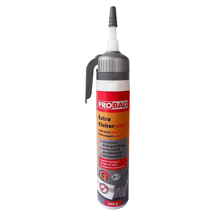 Probau Montagekleber Extra Kleber plus - Weiß, 200 ml - PROBAU Extra Kleber plus+ Klebstoffkartusche (290g) in Weiß, Rot, Orange mit grauer Düse und Griff.