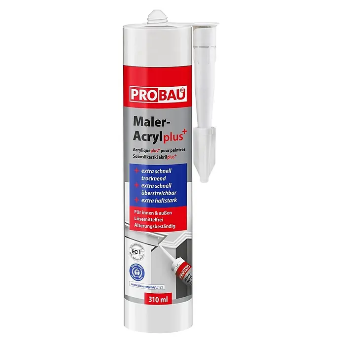 Probau Maleracryl Plus - 310 ml - Weiße PROBAU Maler-Acrylplus+ Acryldichtstofftube mit rot-grauem Etikett und Düse, 310 ml.