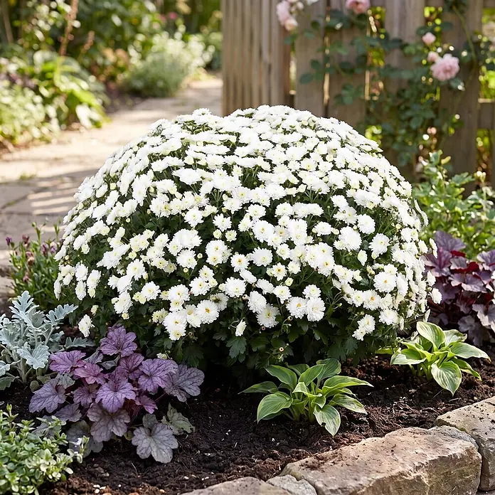 Piardino Herbst-Chrysantheme Dendranthema Hybride - Dendranthema Hybride, Topfgröße: 19 cm, Sortenabhängig - Eine große, kuppelförmige weiße Chrysanthemenpflanze blüht üppig in einem Blumenbeet mit anderen Blattpflanzen und einer Steinbegrenzung.