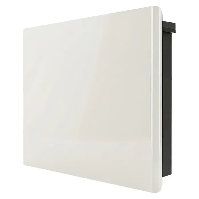 HJM Emisor térmico cerámico Solea con WiFi - 1.500 W, Blanco, 78 x 10,5 x 56 cm, Cerámico - Panel rectangular blanco brillante moderno con bordes redondos y lado gris oscuro, probablemente un calentador eléctrico.