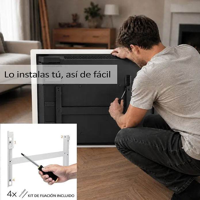 HJM Emisor térmico cerámico Solea con WiFi - 2.000 W, Blanco, 91 x 10,5 x 56 cm, Cerámico - Un hombre instala una TV con un soporte de pared, mostrado con soportes y destornillador. Fácil instalación.