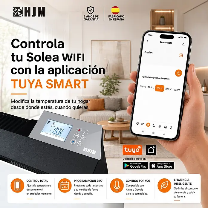 HJM Emisor térmico cerámico Solea con WiFi - 2.000 W, Blanco, 91 x 10,5 x 56 cm, Cerámico - Calefactor HJM Solea WIFI negro controlado por una app de smartphone en una sala de estar.