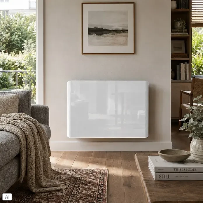 HJM Emisor térmico cerámico Solea con WiFi - 1.000 W, Blanco, 65 x 10,5 x 56 cm, Cerámico - Calefactor de panel blanco brillante instalado en una pared en una sala de estar acogedora.