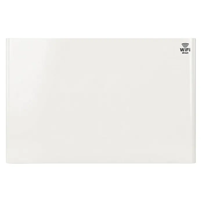 HJM Emisor térmico cerámico Solea con WiFi - 2.000 W, Blanco, 91 x 10,5 x 56 cm, Cerámico - Panel rectangular blanco con el logotipo de WiFi Direct en la esquina superior derecha.