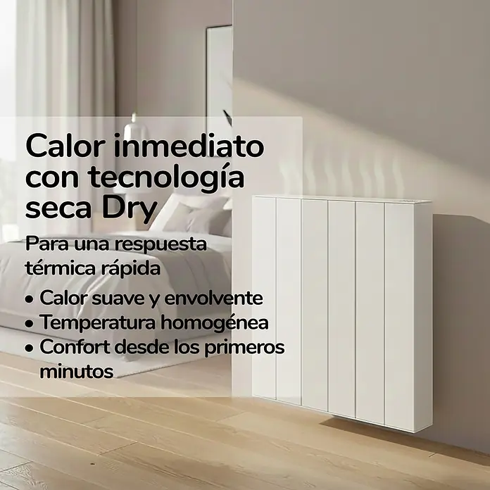 HJM Emisor térmico Elian - 2.000 W, Blanco, 10 x 84,4 x 50 cm, Seco - Un radiador de panel blanco está montado en la pared de una habitación moderna, proporcionando calor.