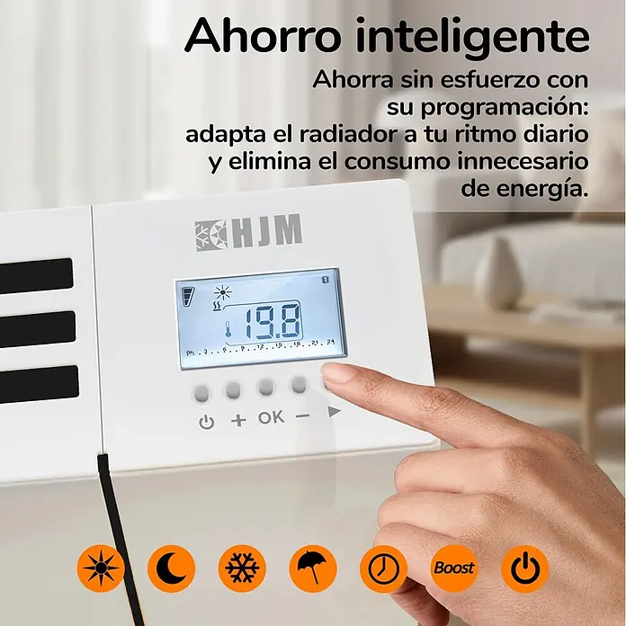 HJM Emisor térmico Elian - 2.000 W, Blanco, 10 x 84,4 x 50 cm, Seco - Panel de control digital blanco para radiador con pantalla de temperatura (19.8°C) y botones de programación. Una mano presiona un botón.