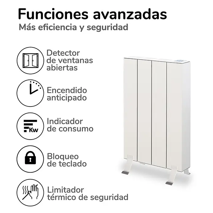 HJM Emisor térmico Elian - 500 W, Blanco, 10 x 33,5 x 50 cm, Seco - Radiador eléctrico blanco con funciones avanzadas: detector de ventanas, encendido anticipado, indicador de consumo, bloqueo de teclado y limitador térmico de seguridad.