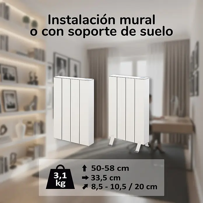 HJM Emisor térmico Elian - 500 W, Blanco, 10 x 33,5 x 50 cm, Seco - Dos radiadores de panel blancos en una habitación moderna, uno de pared y otro de pie con soportes, mostrando opciones de instalación.