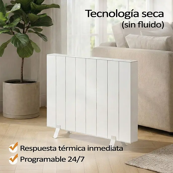 HJM Emisor térmico Elian - 2.000 W, Blanco, 10 x 84,4 x 50 cm, Seco - Radiador eléctrico blanco de tecnología seca con calor inmediato y programación 24/7, ubicado en una sala de estar moderna.