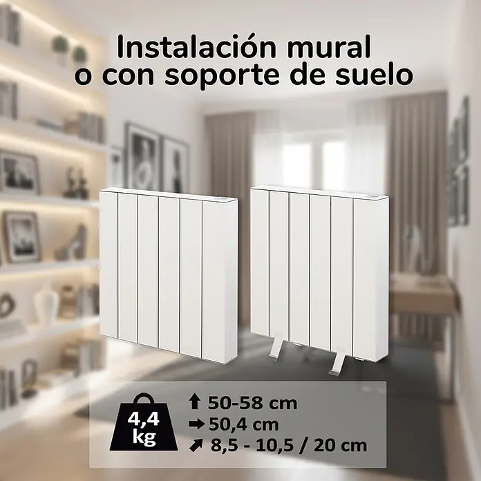 HJM Emisor térmico Elian - 1.000 W, Blanco, 10 x 50,4 x 50 cm, Seco - Dos radiadores blancos, uno de pared y otro con soportes de suelo, mostrando opciones de instalación flexibles.