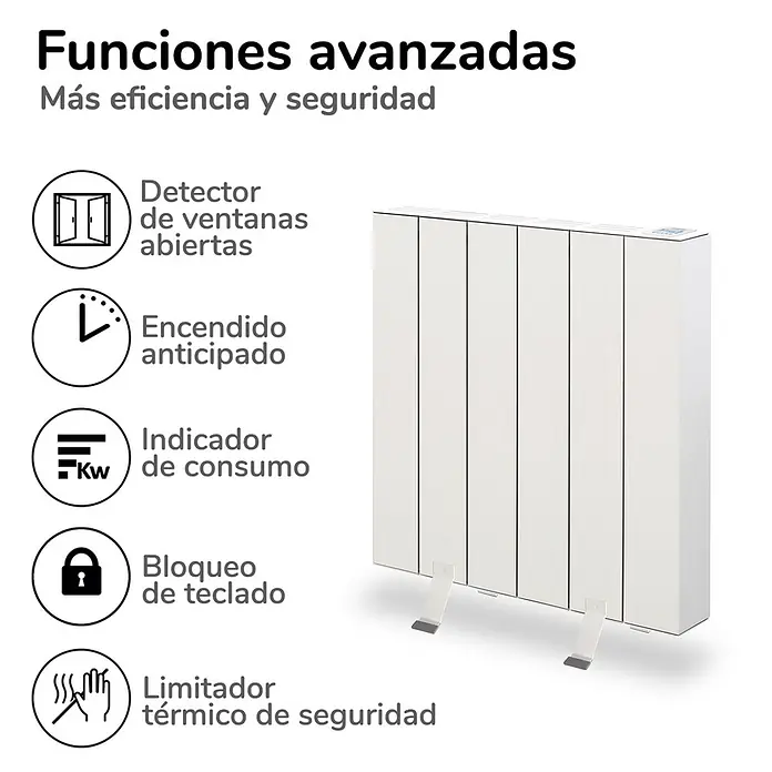 HJM Emisor térmico Elian - 1.000 W, Blanco, 10 x 50,4 x 50 cm, Seco - Radiador eléctrico blanco, presentando sus funciones avanzadas como el detector de ventanas abiertas y el indicador de consumo.