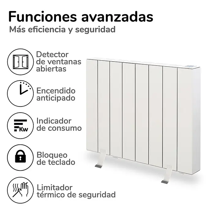 HJM Emisor térmico Elian - 1.500 W, Blanco, 10 x 67,2 x 50 cm, Seco - Radiador eléctrico blanco con múltiples paneles y dos pies de apoyo.