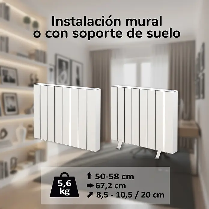 HJM Emisor térmico Elian - 1.500 W, Blanco, 10 x 67,2 x 50 cm, Seco - Dos radiadores eléctricos blancos, uno mural y uno de pie con soportes, en un salón desenfocado.