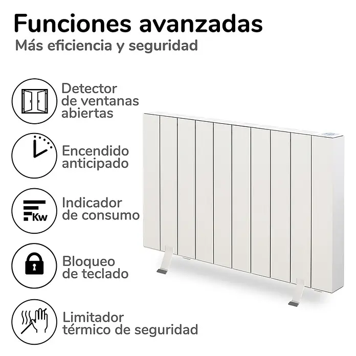 HJM Emisor térmico Elian - 2.000 W, Blanco, 10 x 84,4 x 50 cm, Seco - Radiador eléctrico blanco con lista de funciones avanzadas para eficiencia y seguridad.