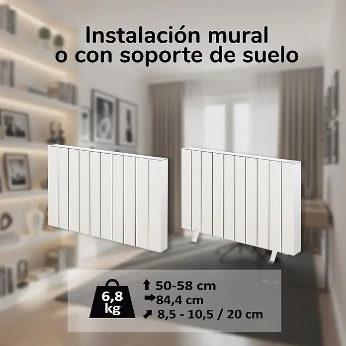 HJM Emisor térmico Elian - 2.000 W, Blanco, 10 x 84,4 x 50 cm, Seco - Dos radiadores de panel blancos, aptos para pared o con soporte de suelo, en un ambiente interior difuminado.