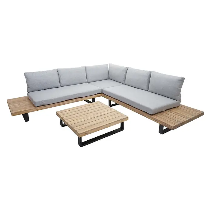 Mendler Loungemöbel-Set HWC-H54 - 2 -tlg., Holz, Hellbraun, Polster hellgrau, Hellbraun, Polster hellgrau - L-förmiges Outdoor-Sofa-Set mit hellgrauen Kissen, Lattenrost aus Holz und schwarzen Metallbeinen, inklusive passendem Couchtisch.