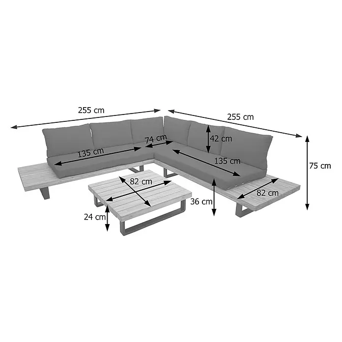 Mendler Loungemöbel-Set HWC-H54 - 2 -tlg., Holz, Braun, Polster dunkelgrau, Braun, Polster dunkelgrau - Ecklounge-Set für den Außenbereich mit Holzrahmen und grauen Kissen, dazu ein passender Latten-Couchtisch.