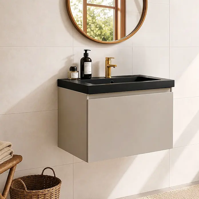 LOMAZOO Badezimmermöbel Greige 60cm - Schwarzes Waschbecken - Beige-graues Waschbeckenmöbel - Schwebender Waschbeckenunterschrank [MODENA] -  - Wandhängender Waschtisch mit schwarzem Waschbecken, goldener Armatur und hellgrauem Unterschrank in modernem Bad.