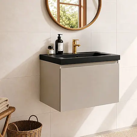 LOMAZOO Badezimmermöbel Greige 60cm - Schwarzes Waschbecken - Beige-graues Waschbeckenmöbel - Schwebender Waschbeckenunterschrank [MODENA]
