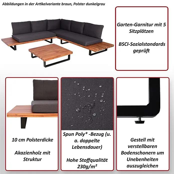 Mendler Loungemöbel-Set HWC-H54 - 2 -tlg., Holz, Braun, Polster dunkelgrau, Braun, Polster dunkelgrau - Braune Akazienholz-Gartenlounge mit dunkelgrauen Polstern und passendem Couchtisch. Bietet 5 Sitzplätze.