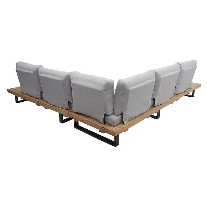 Mendler Loungemöbel-Set HWC-H54 - 2 -tlg., Holz, Hellbraun, Polster hellgrau, Hellbraun, Polster hellgrau - Hellgraues Eck-Modulsofa für draußen mit Holzbasis und dunklen Metallbeinen, von hinten gesehen.