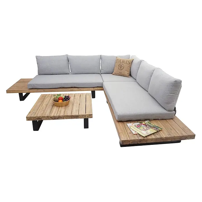 Mendler Loungemöbel-Set HWC-H54 - 2 -tlg., Holz, Hellbraun, Polster hellgrau, Hellbraun, Polster hellgrau - L-förmiges Outdoor-Sofa mit hellgrauen Kissen und Lattenrost aus Naturholz, dazu ein passender Couchtisch aus Holz mit Obstschale.
