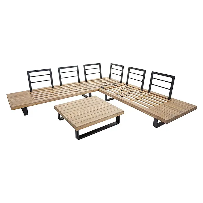 Mendler Loungemöbel-Set HWC-H54 - 2 -tlg., Holz, Hellbraun, Polster hellgrau, Hellbraun, Polster hellgrau - Modulares Outdoor-Lounge-Set aus hellen Holzlatten und dunklen Metallrahmen, mit zwei langen Sitzen und einem quadratischen Couchtisch.