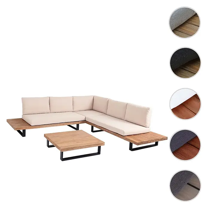Mendler Loungemöbel-Set HWC-H54 - 3 -tlg., Holz, Hellbraun, Polster beige, Hellbraun, Polster beige - Helles Holz-Outdoor-Ecksofa mit beigen Kissen und passendem Couchtisch mit schwarzen Metallbeinen.