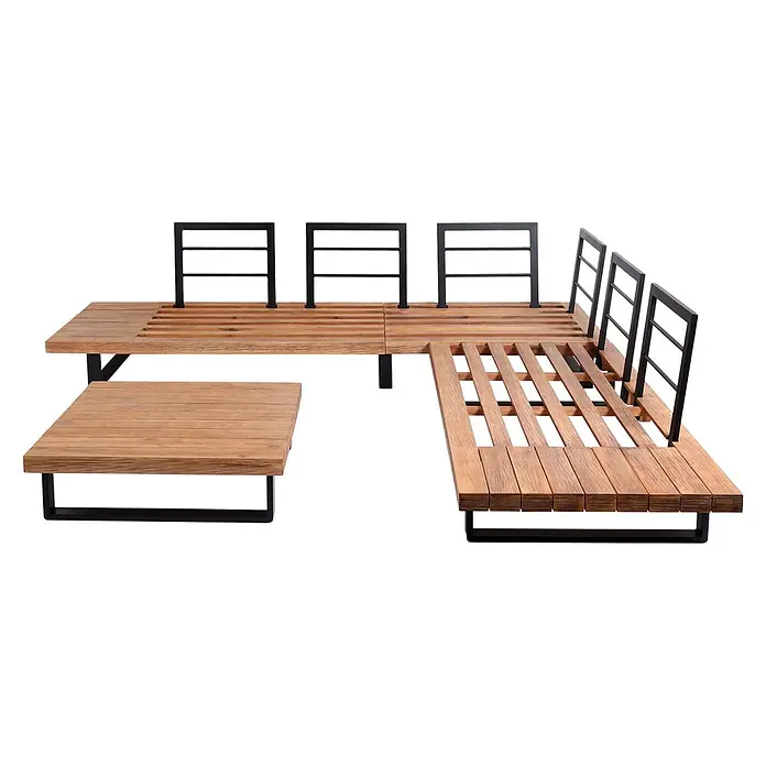 Mendler Loungemöbel-Set HWC-H54 - 3 -tlg., Holz, Hellbraun, Polster beige, Hellbraun, Polster beige - Modulare L-förmige Outdoor-Lounge-Sitzgruppe mit Holzlatten und schwarzen Metallrahmen, inklusive passendem Couchtisch.