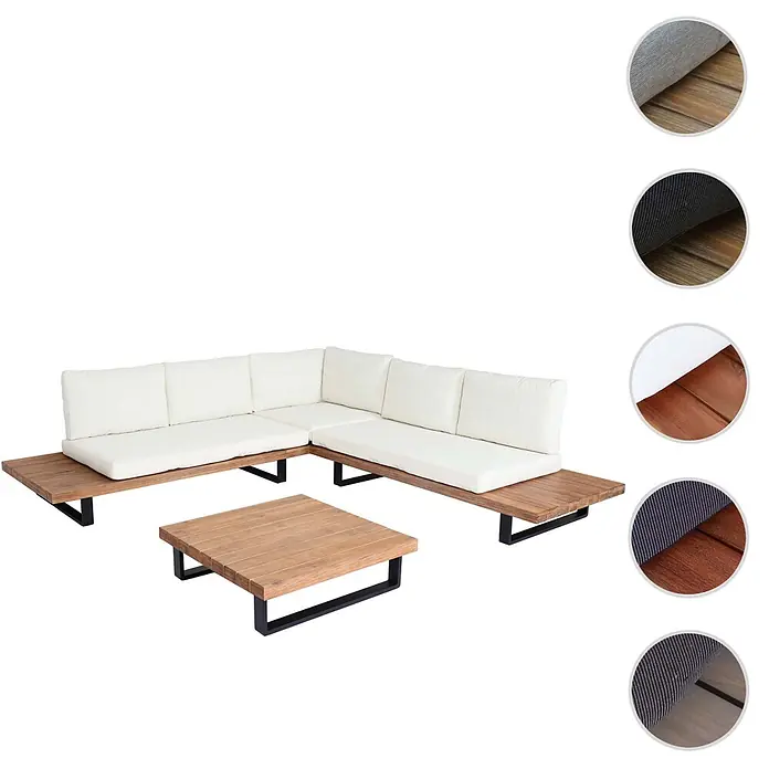 Mendler Loungemöbel-Set HWC-H54 - 3 -tlg., Holz, Hellbraun, Polster cremeweiß, Hellbraun, Polster cremeweiß - L-förmige Outdoor-Sitzgruppe und Couchtisch mit hellbraunem Holzgestell, schwarzen Metallbeinen und weißen Kissen.