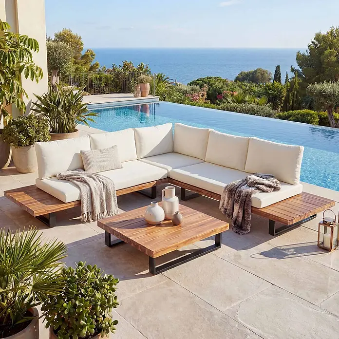 Mendler Loungemöbel-Set HWC-H54 - 3 -tlg., Holz, Hellbraun, Polster cremeweiß, Hellbraun, Polster cremeweiß - Holz-Gartenecksofa mit weißen Kissen und passendem Couchtisch auf einer Terrasse, am Infinity-Pool mit Meerblick.