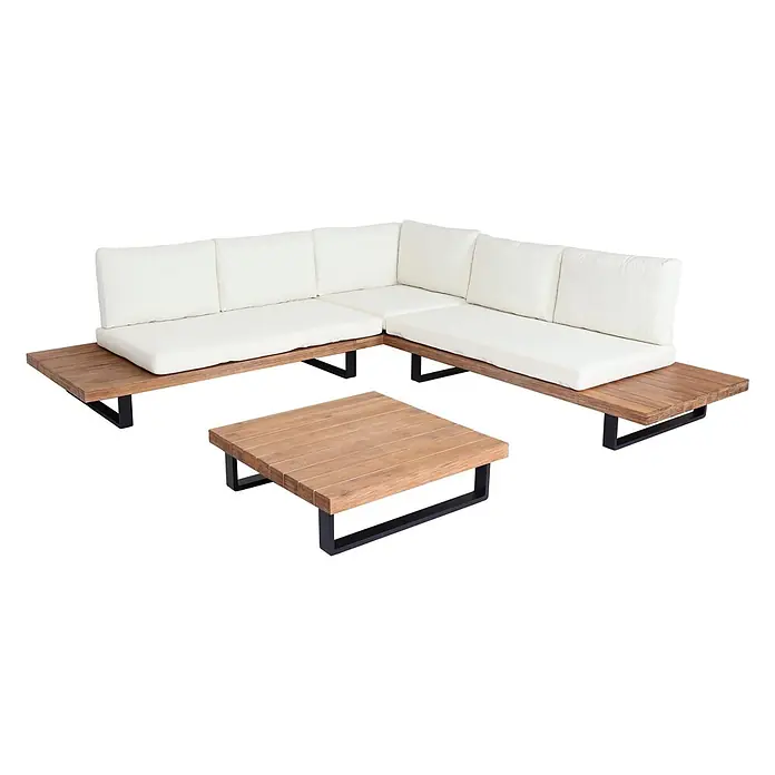 Mendler Loungemöbel-Set HWC-H54 - 3 -tlg., Holz, Hellbraun, Polster cremeweiß, Hellbraun, Polster cremeweiß - L-förmiges Outdoor-Sofa und passender Couchtisch mit hellen Holzleisten, weißen Kissen und schwarzen Metallrahmen.