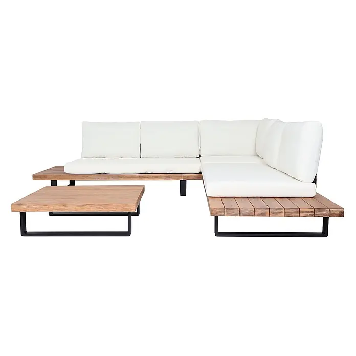 Mendler Loungemöbel-Set HWC-H54 - 3 -tlg., Holz, Hellbraun, Polster cremeweiß, Hellbraun, Polster cremeweiß - Modulares Outdoor-Sofa und Couchtisch mit Holzlatten, schwarzen Metallrahmen und weißen Kissen.