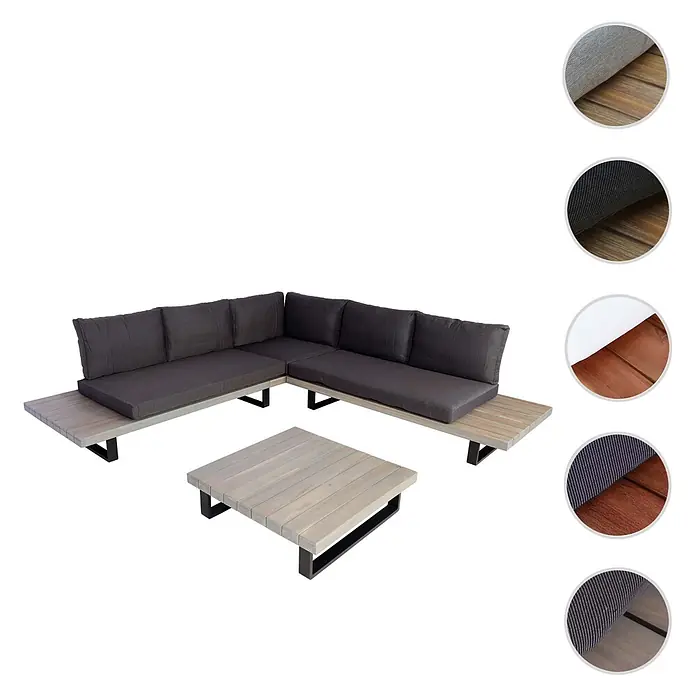 Mendler Loungemöbel-Set HWC-H54 - 2 -tlg., Holz, Grau, Polster dunkelgrau, Grau, Polster dunkelgrau - L-förmiges Outdoor-Lounge-Sofa-Set mit dunkelgrauen Kissen, hellgrauem Holzrahmen und schwarzen Beinen, inklusive passendem Couchtisch.