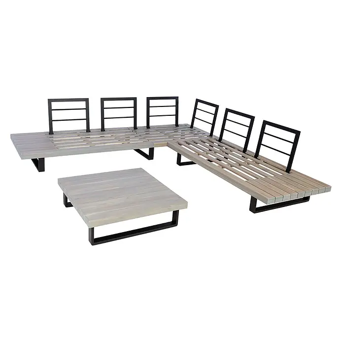 Mendler Loungemöbel-Set HWC-H54 - 2 -tlg., Holz, Grau, Polster dunkelgrau, Grau, Polster dunkelgrau - Modulares Outdoor-Ecksofa und quadratischer Couchtisch mit hellgrauen Holzlatten und schwarzen Metallgestellen.