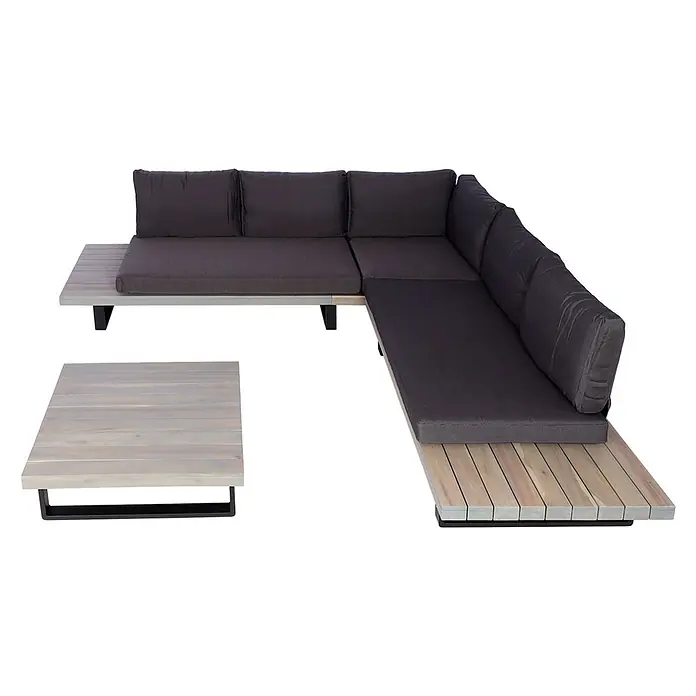 Mendler Loungemöbel-Set HWC-H54 - 2 -tlg., Holz, Grau, Polster dunkelgrau, Grau, Polster dunkelgrau - L-förmige Outdoor-Lounge-Garnitur mit dunkelgrauen Kissen, hellem Holzlattenrost und passendem Couchtisch.