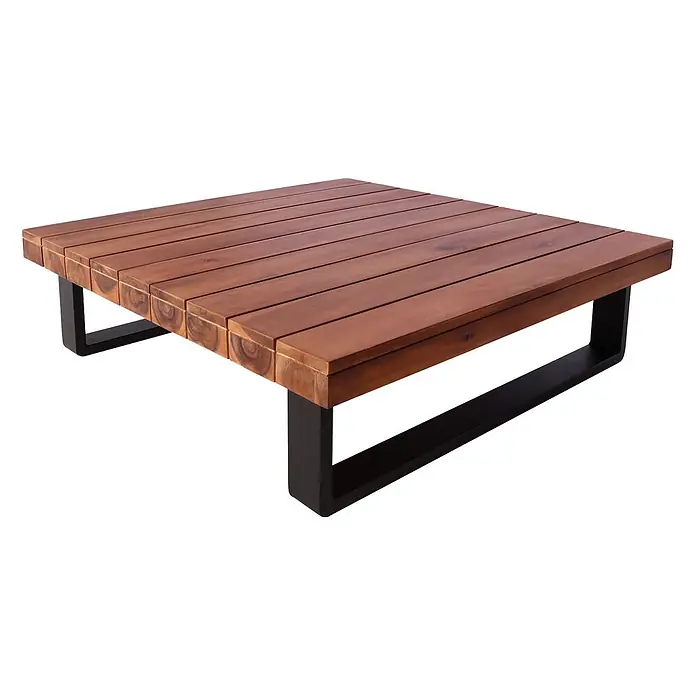 Mendler Loungemöbel-Set HWC-H54 - 2 -tlg., Holz, Braun, Polster dunkelgrau, Braun, Polster dunkelgrau - Quadratischer Couchtisch mit brauner Lattenholzplatte und schwarzen U-förmigen Metallbeinen.