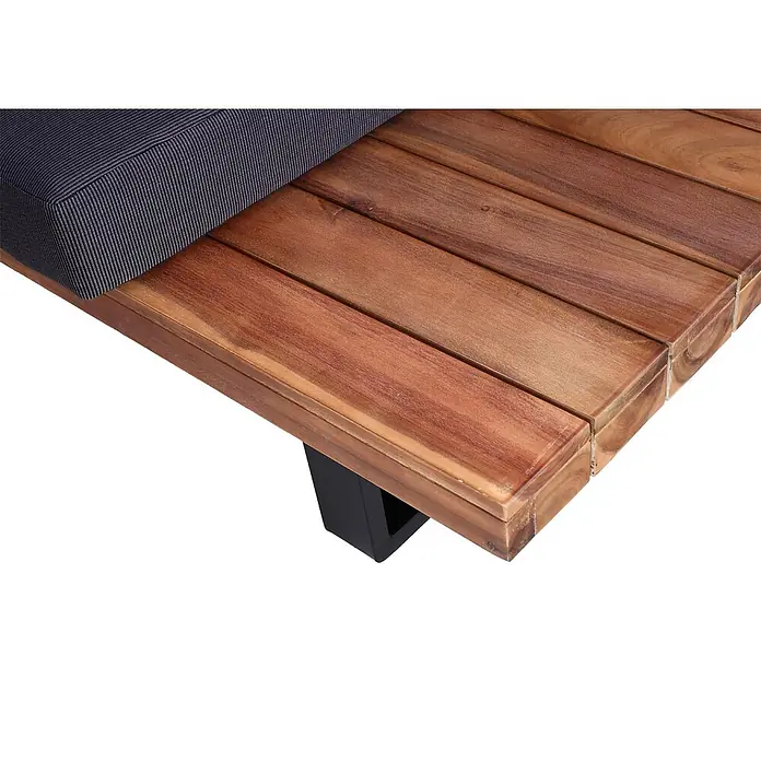 Mendler Loungemöbel-Set HWC-H54 - 2 -tlg., Holz, Braun, Polster dunkelgrau, Braun, Polster dunkelgrau - Braunes Holzlamellen-Möbelstück mit dunkelgrauem Kissen und schwarzem Metallbein.